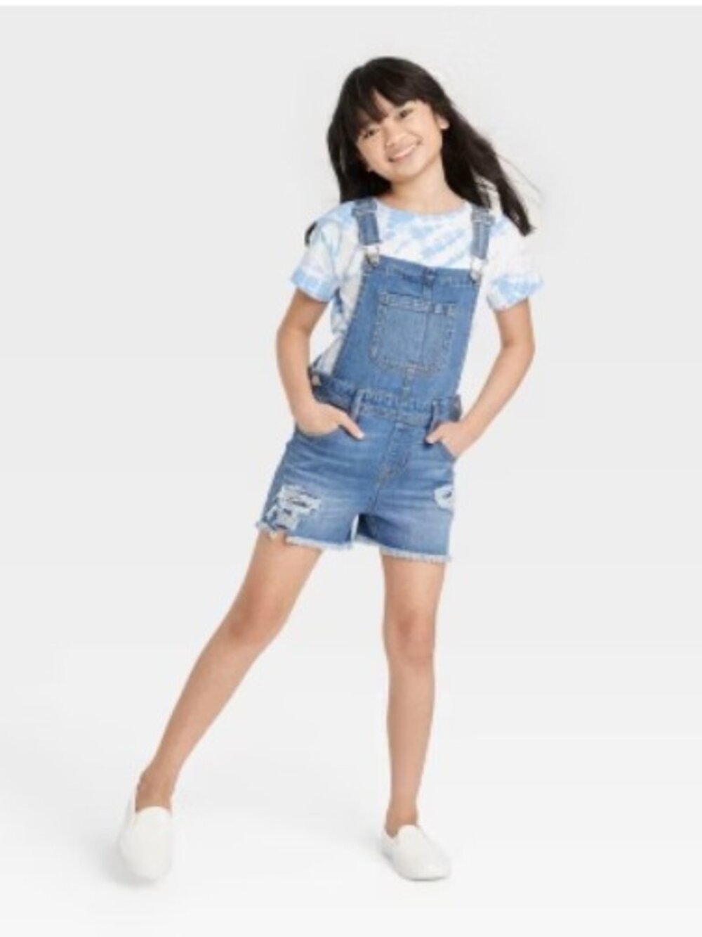 Girls' Destructed Jean Shortalls - Cat & Jack™ Medium Wash